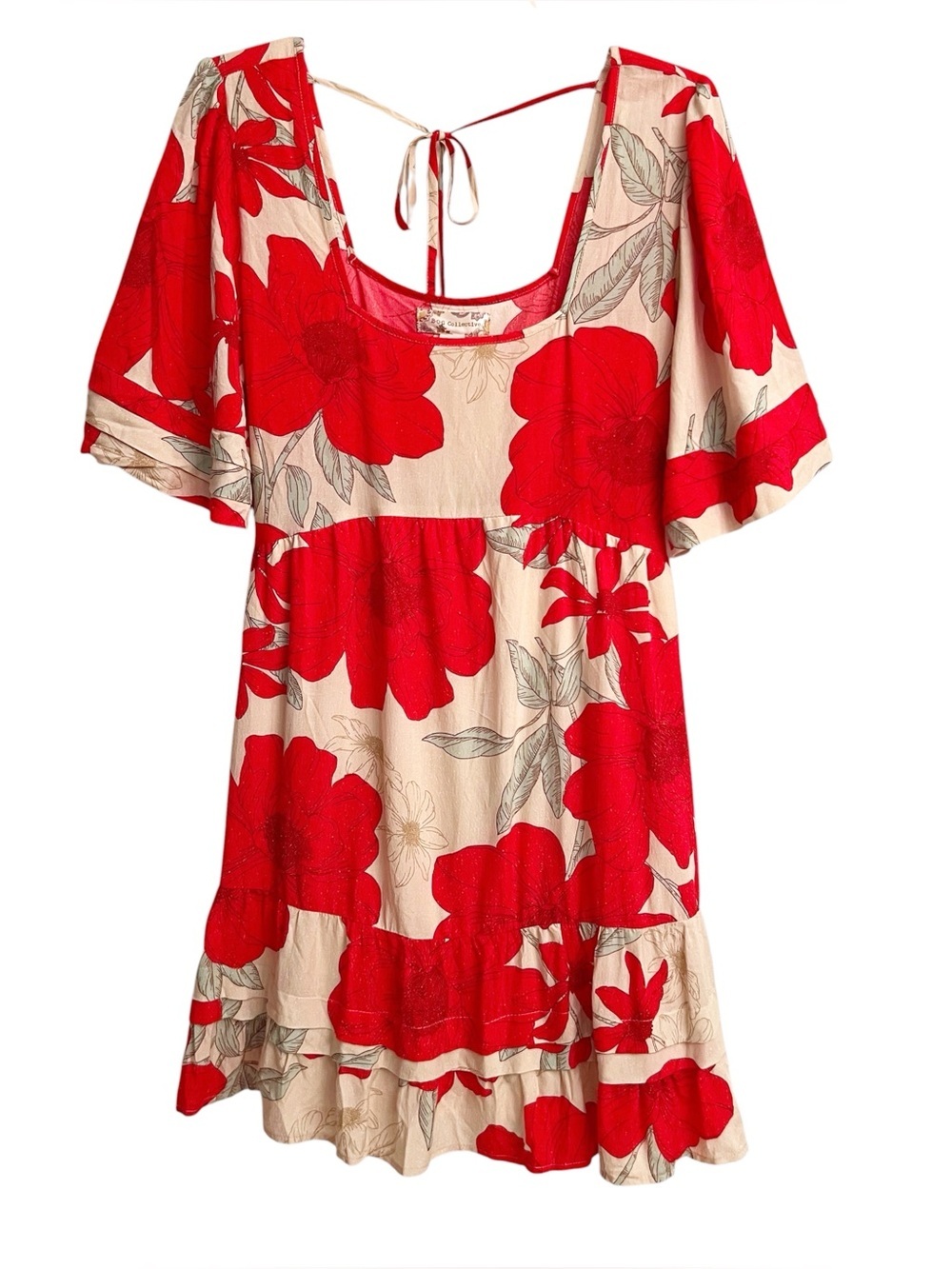 B.O.G Collective Floral Red/Cream Poppy Print Square Neck Ruffle Hem Mini Dress - Picture 3 of 7